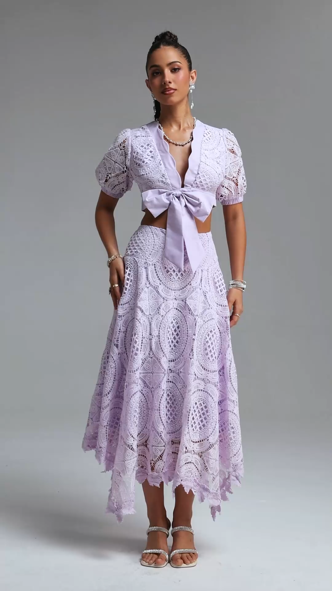 Dazze Romantic Tailored Puff Sleeve Bow Lace Top and Skirt Two Piece Set