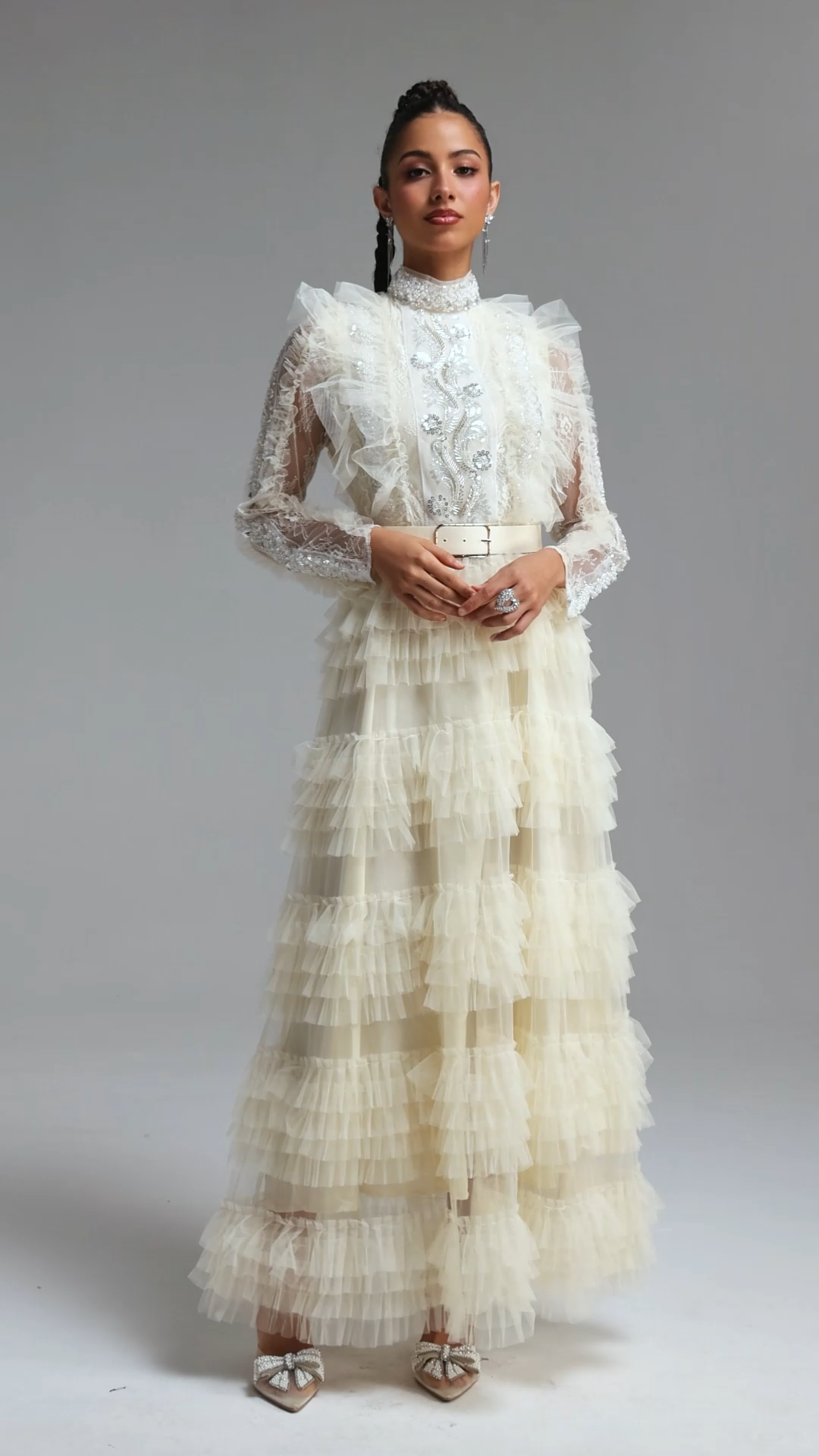 Farera Romantic Flowy Long Sleeve Sequin Floral Tiered Ruffle Tulle Maxi Dress