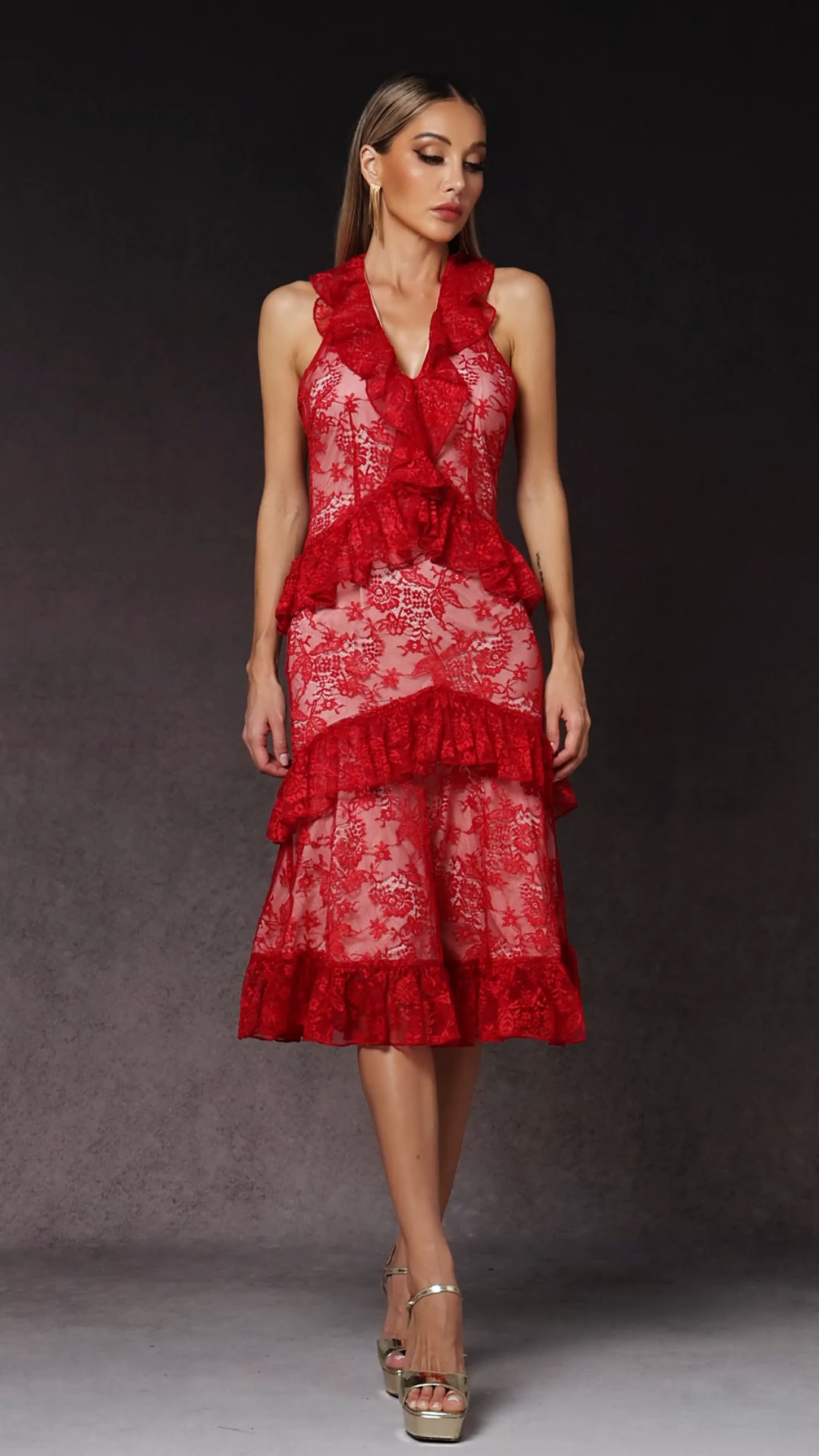 Tanria Halter V-Neck Sleeveless Lace Flounce Midi Dress