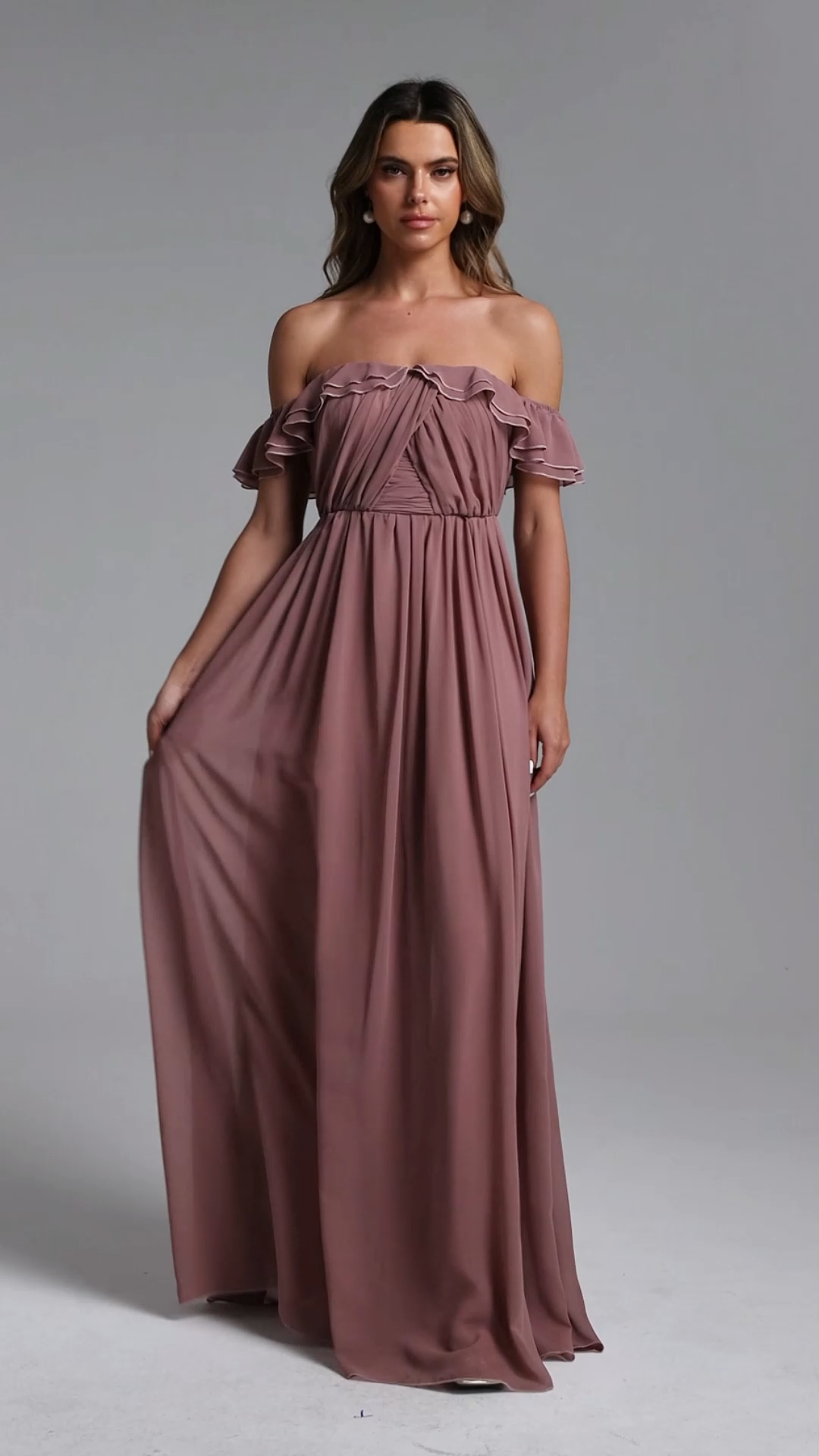 Tess Elegant Flowy Off Shoulder Ruffle Pleated Maxi Dress