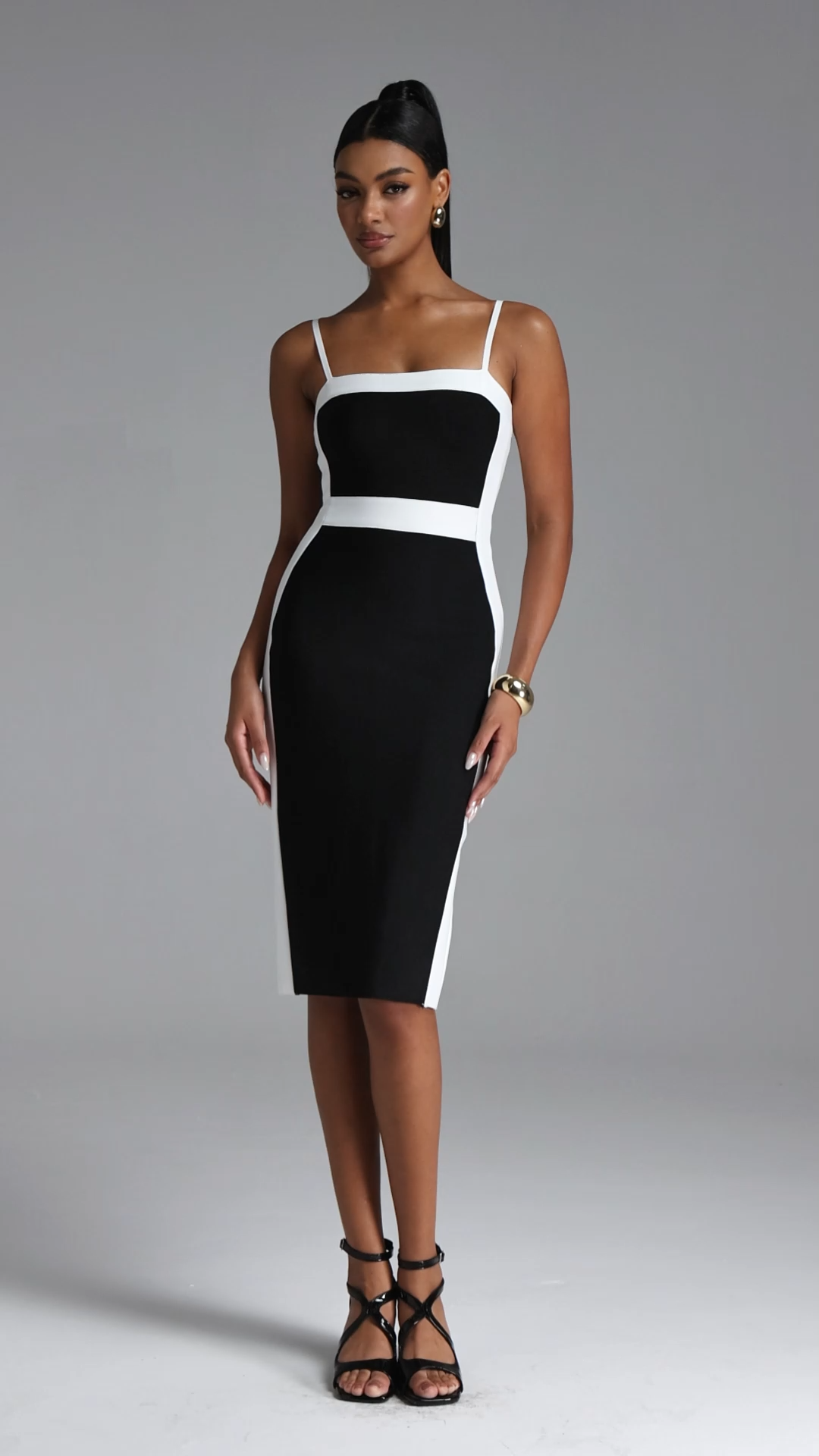 Erise Classic Contour Sleeveless Contrast Bandage Midi Dress