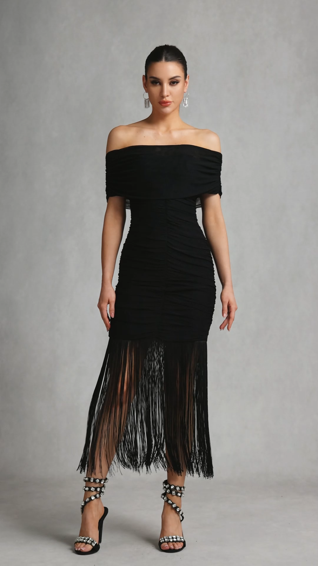 Verde Off Shoulder Ruched Fringe Maxi Dress