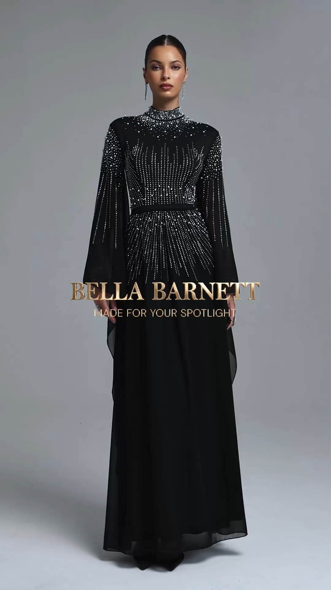 Hospha Elegant Flowy High Neck Long Sleeve Pearl Rhinestone Chiffon Maxi Dress