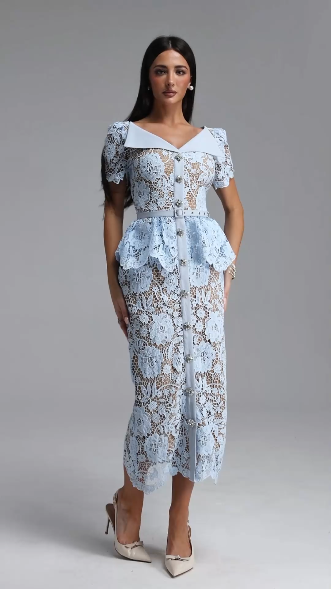 Quinn Elegant Cinched Short Sleeve Floral Lace Blue Maxi Dress