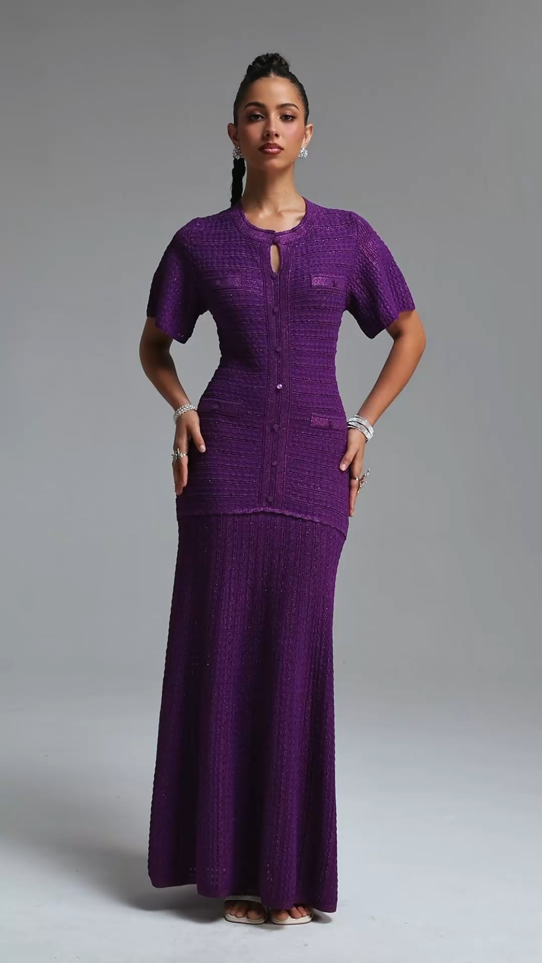 Melany Elegant Contour Round Neck Short Sleeve Knit Maxi Dress