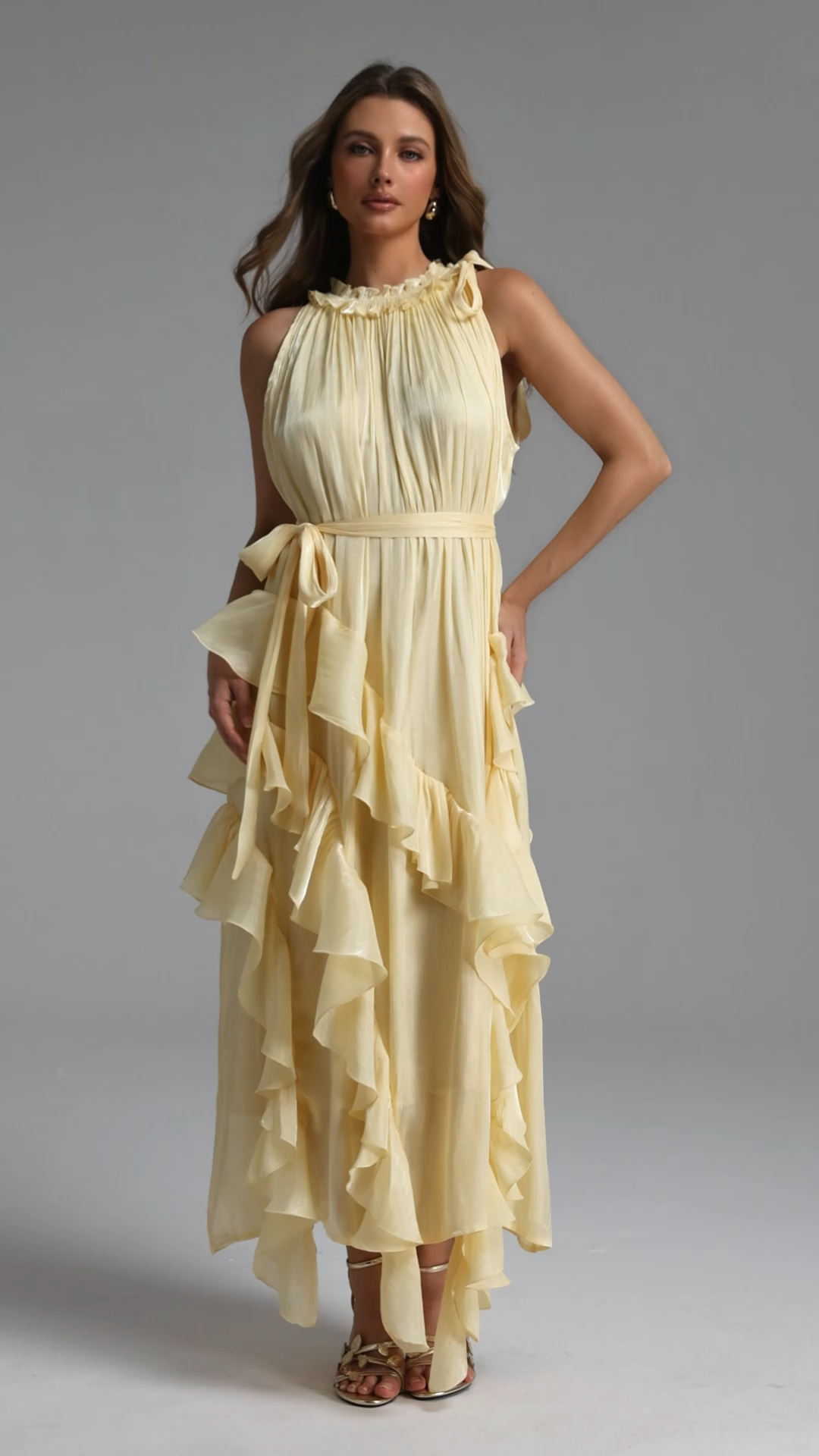 Dazie Resort Flowy Sleeveless Ruffle Organza Maxi Dress