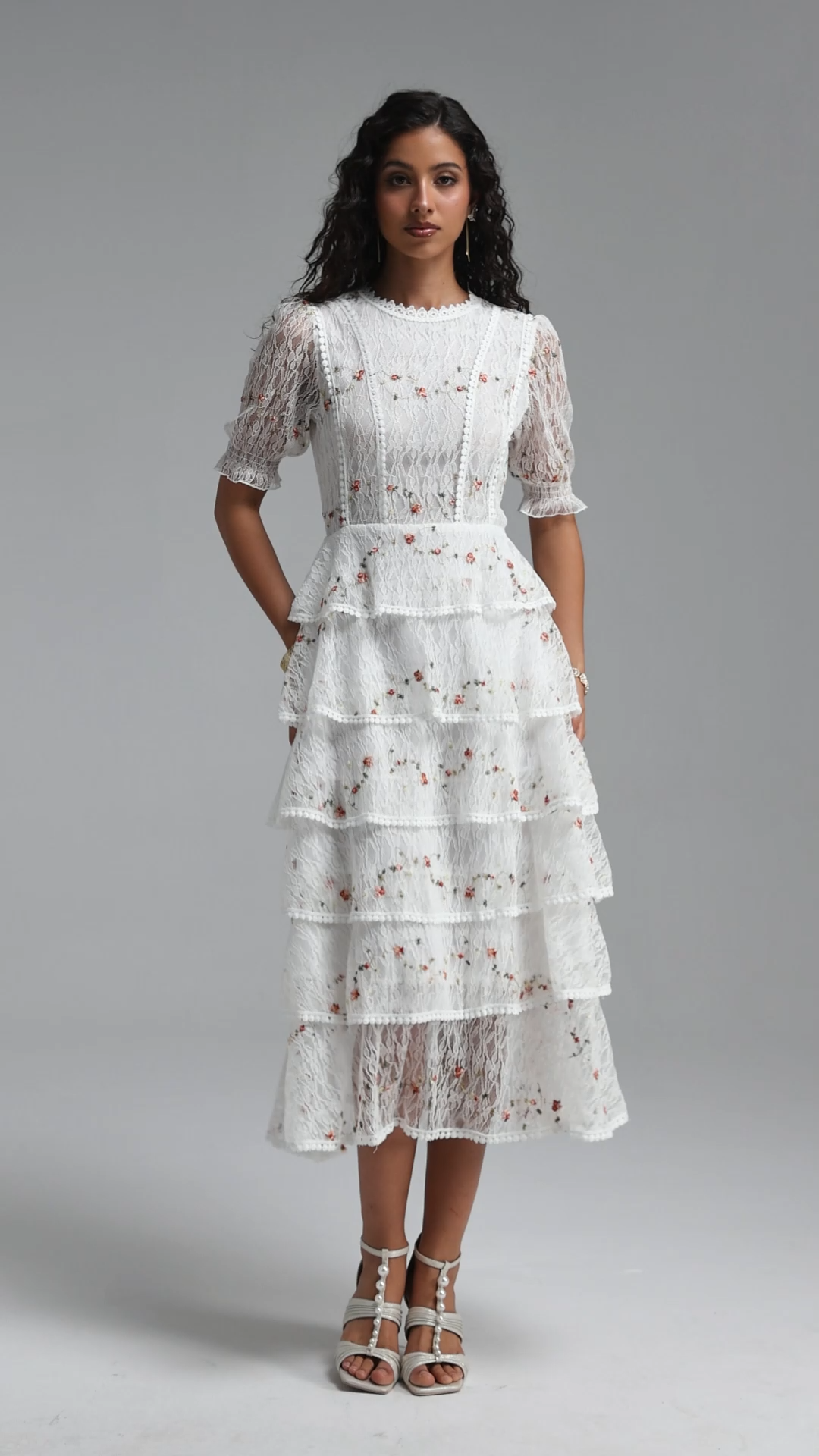 Nevaeh Romantic Flowy Short Sleeve Tiered Ruffle Embroidered Floral Lace Maxi Dress
