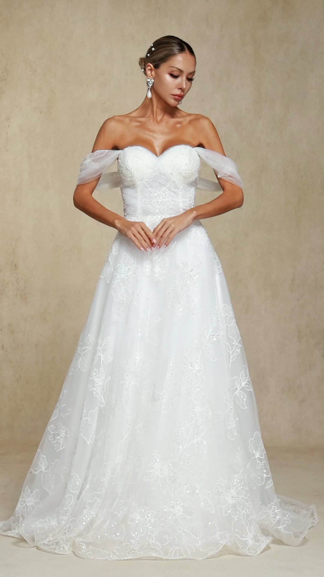 Liama Off-the-shoulder pearl flower lace Maxi wedding Dress