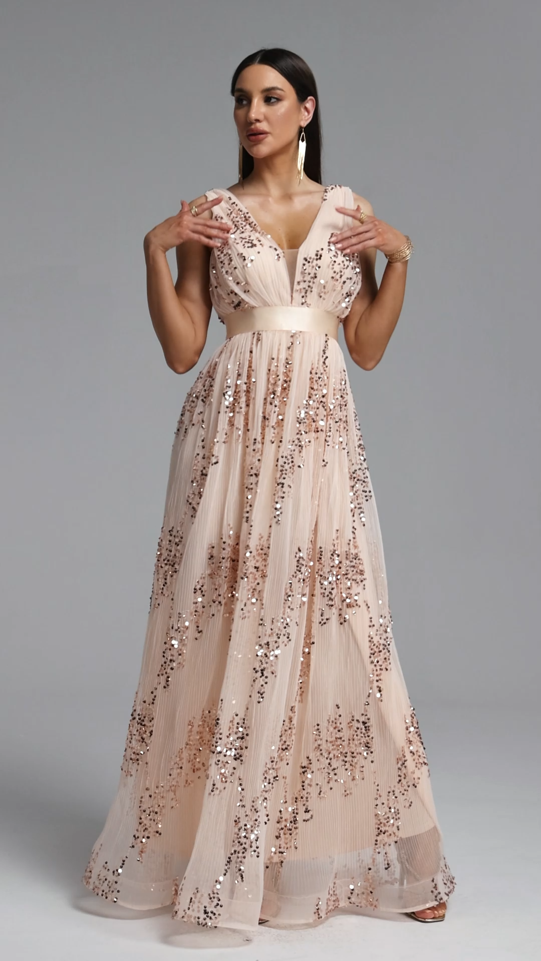 Revie Chic Flowy V Neck Pleated Sequin Maxi Dress