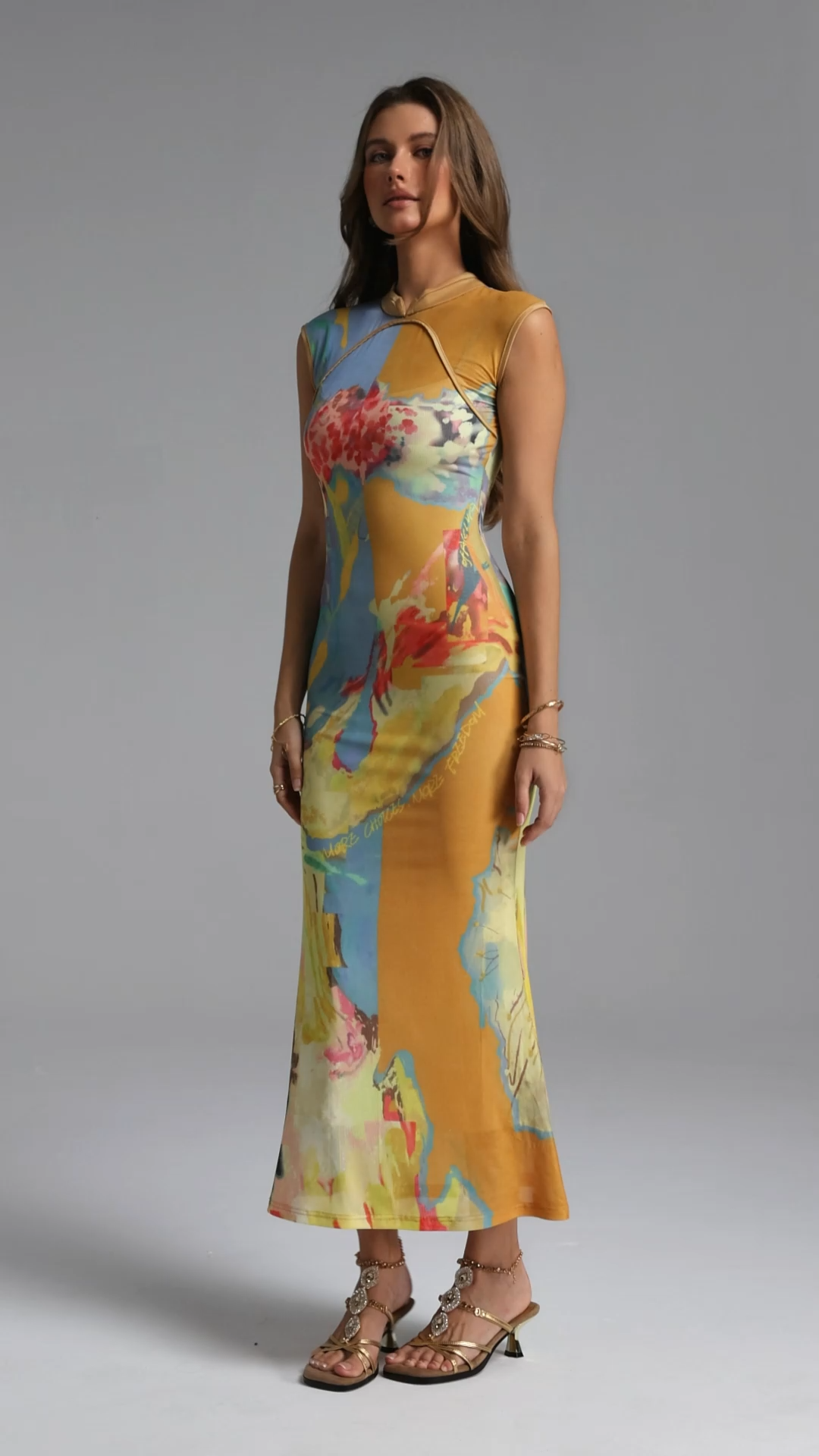 Hilia Resort Contour Sleeveless Print Mesh Maxi Dress