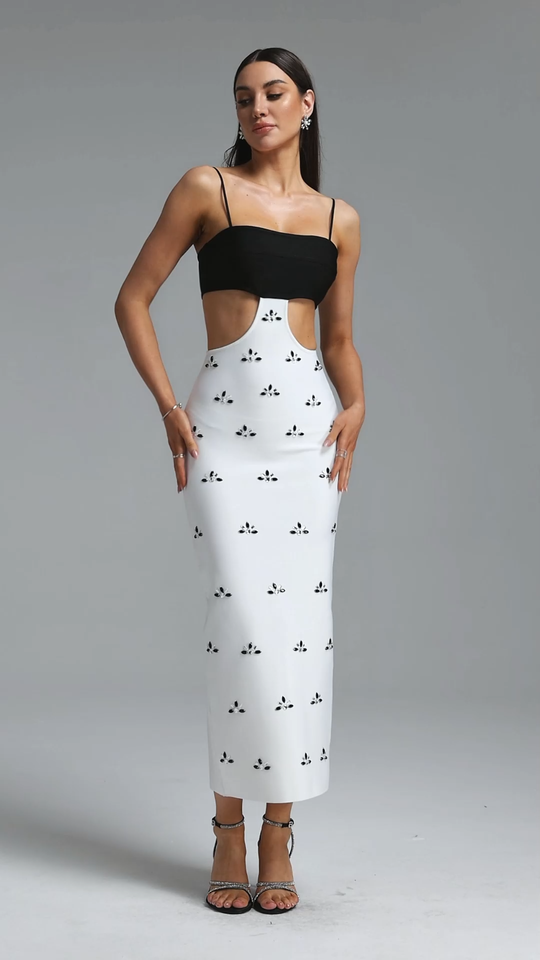 Iomo Minimalist Contour Color Block Cut Out Waist Bandage Maxi Dress