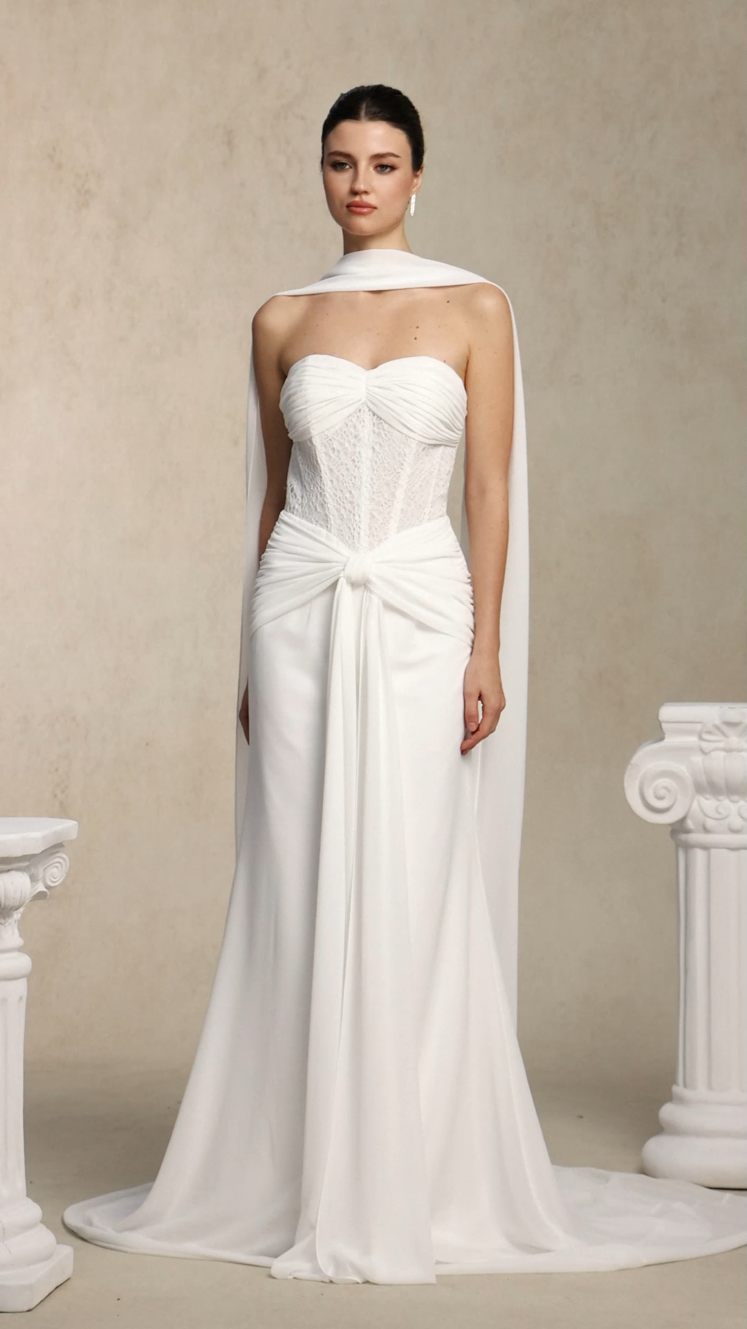 Lenra Elegant Strapless Bow White Lace Chiffon Maxi Dress