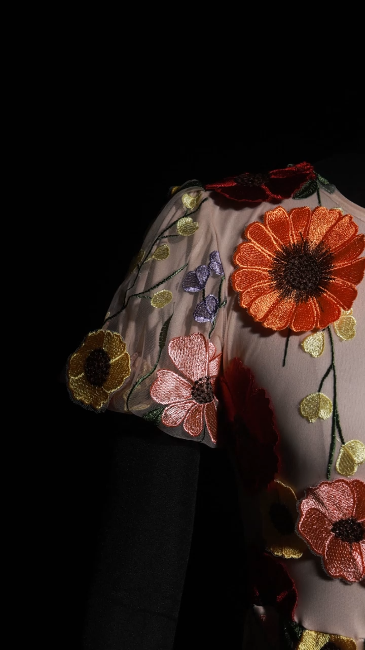 Naya Short Sleeve Round Neck Flowers Fishtail Midi Dress