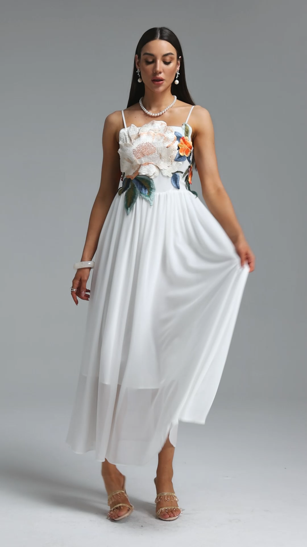Takada Romantic Contour Spaghetti Strap Floral Chiffon White Maxi Dress