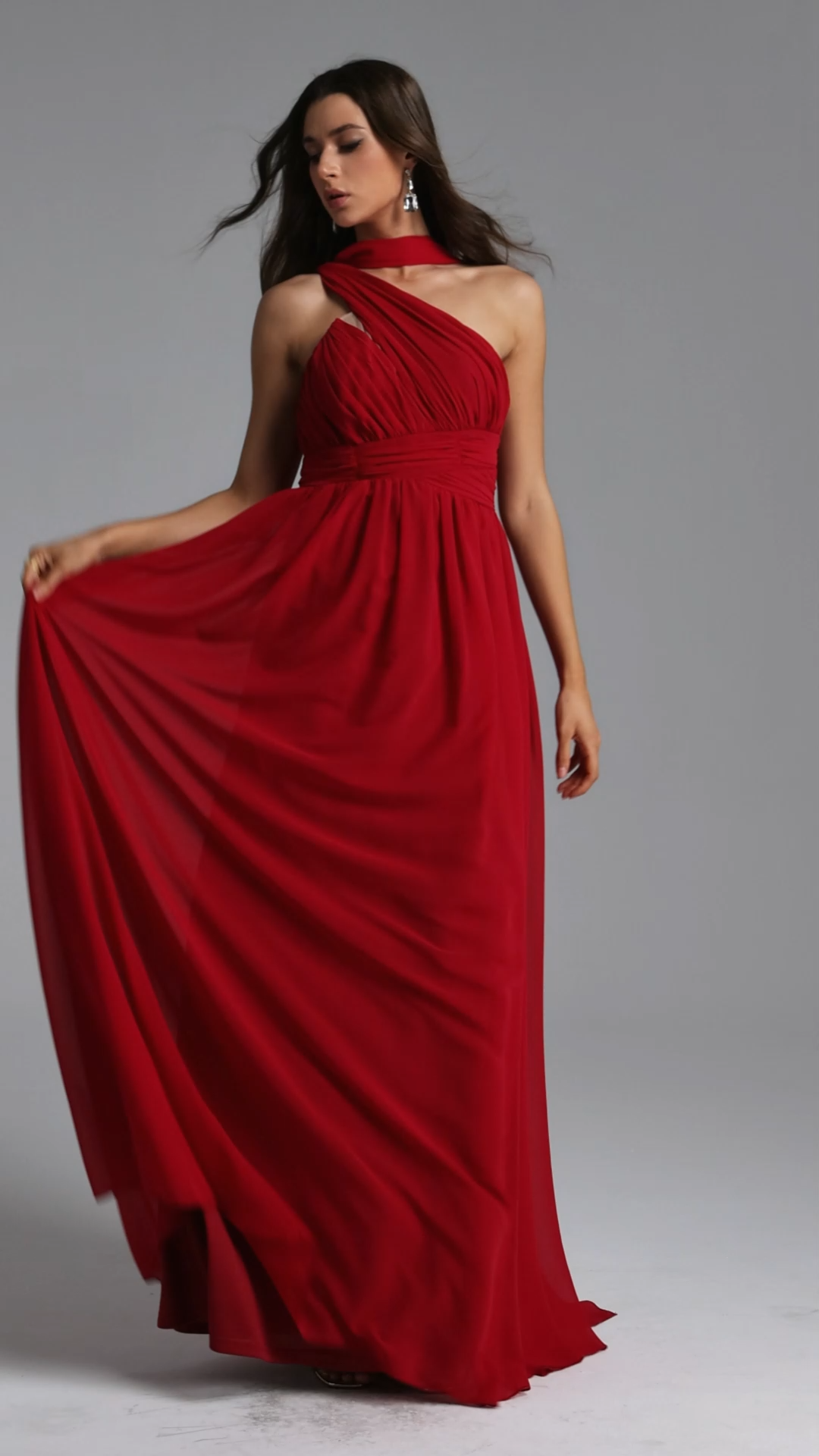Naida Elegant Flowy One Shoulder Scarf Pleated Maxi Dress