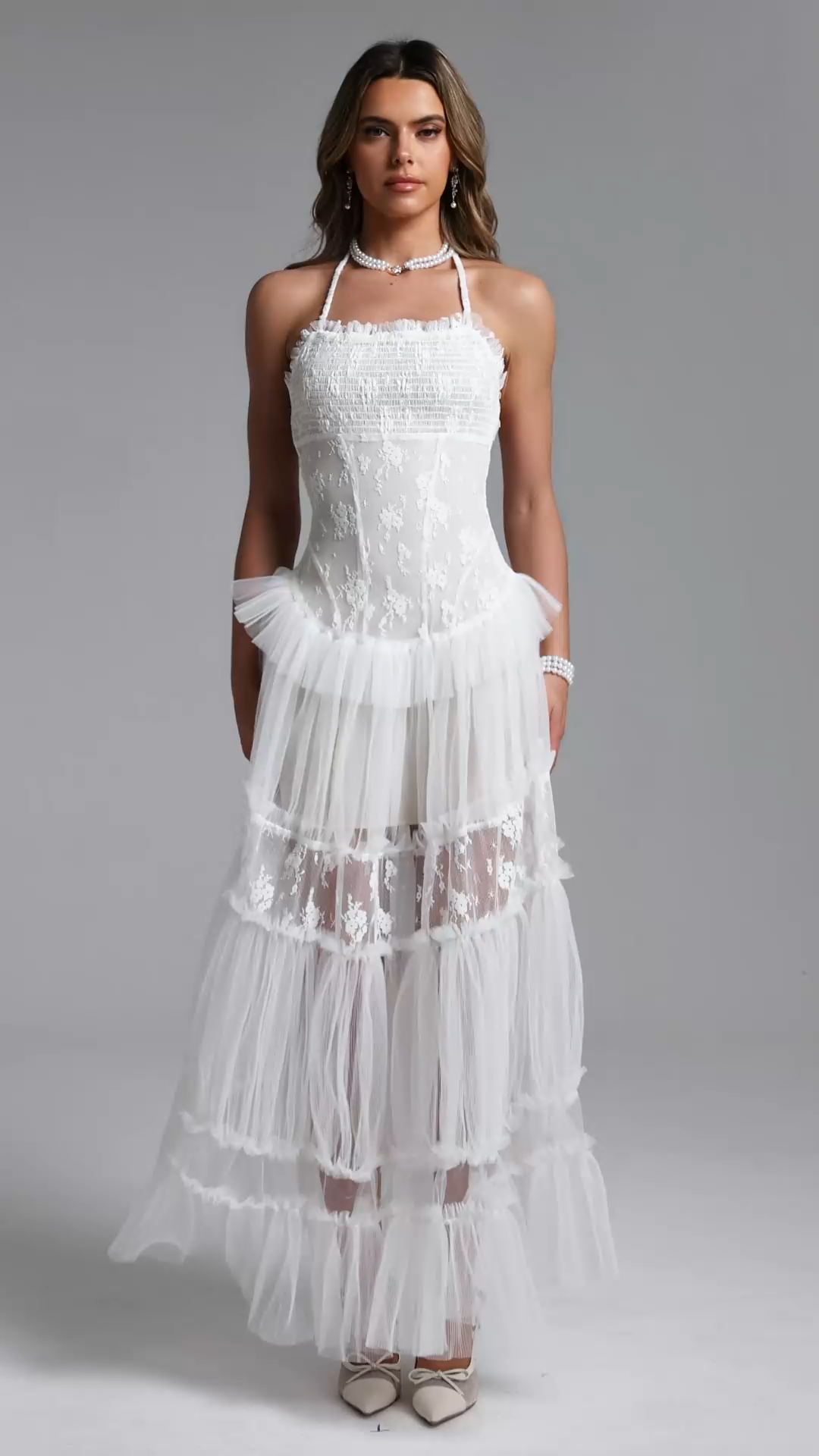 Stacy Romantic Contour Halter Floral Lace Tulle Maxi Dress