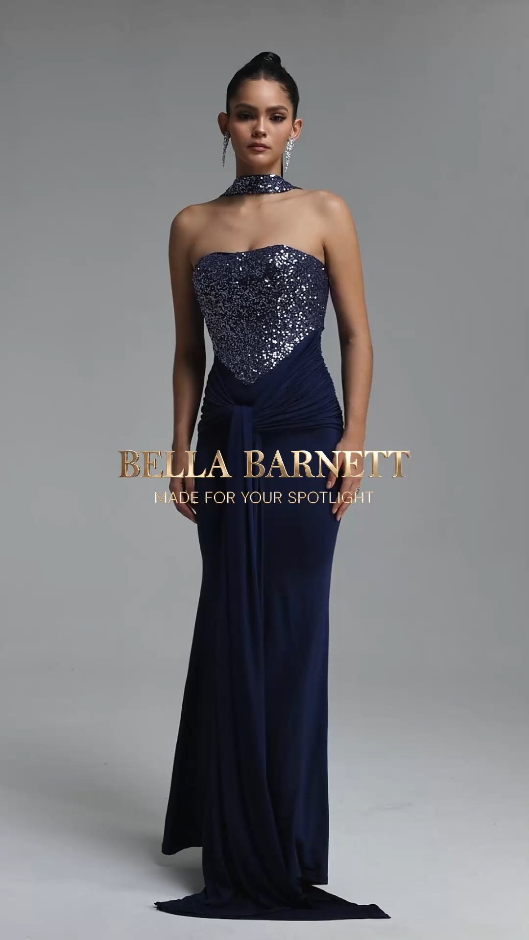 Lunare Glamorous Strapless Sequin Waist Twisted Draped Mermaid Maxi Dress