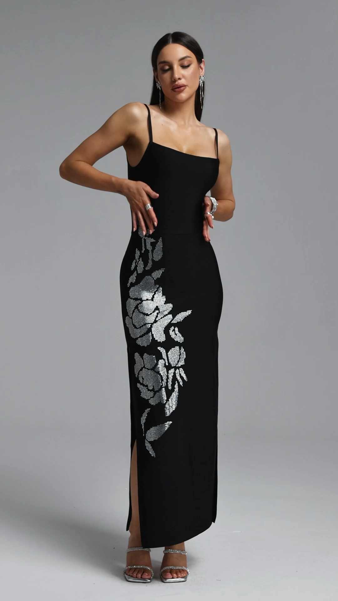 Querida Classic Contour Square Neck Crystal Bandage Maxi Dress