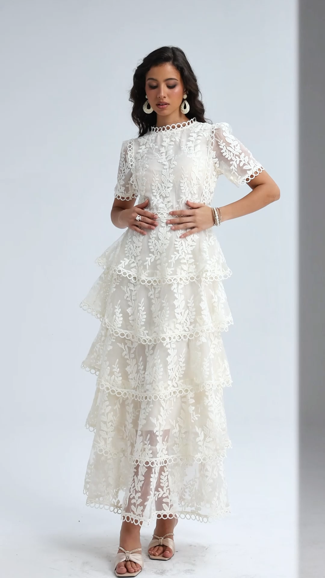 Yedda Resort Flowy Round Neck Short Sleeve Floral Embroidered Woven Maxi Dress