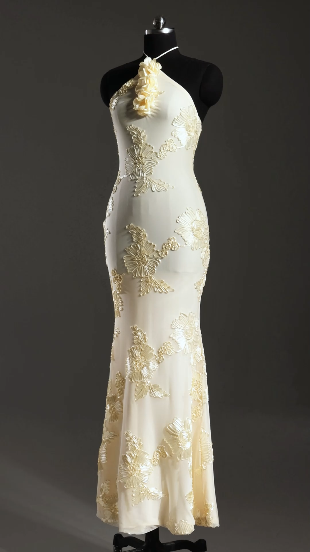 Griselda Flower Halter Embroidery Maxi Dress - White