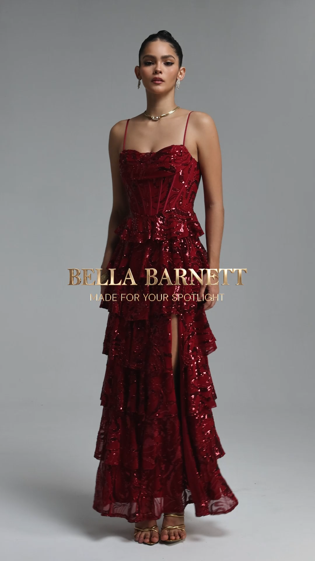 Zohara Elegant Spaghetti Strap Multi Tiered Ruffle Slit Sequin Maxi Dress