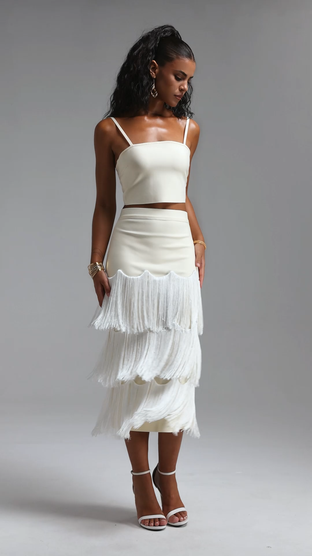 Valerie Chic Contour Cami Strap Top Tassel Bandage Two Piece Set