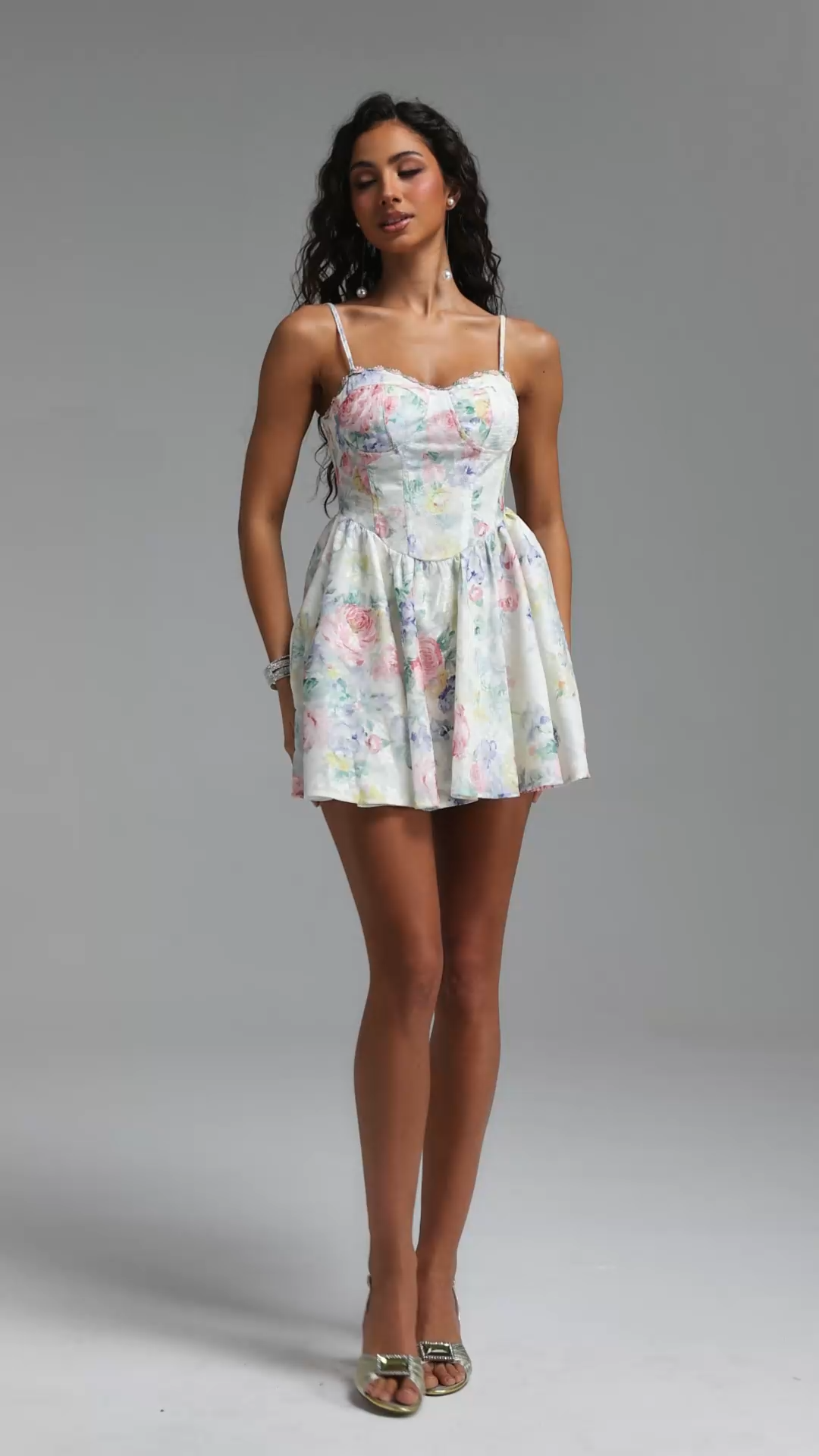 Katrina Resort Cinched Sleeveless Floral Print Woven Mini Dress