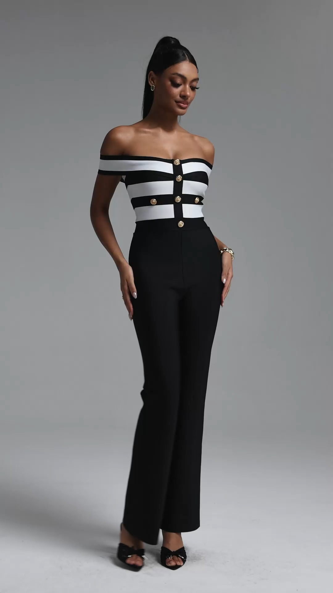 Niavia Stylish Fitted Off Shoulder Color Block Striped Bandage Jumpsuit