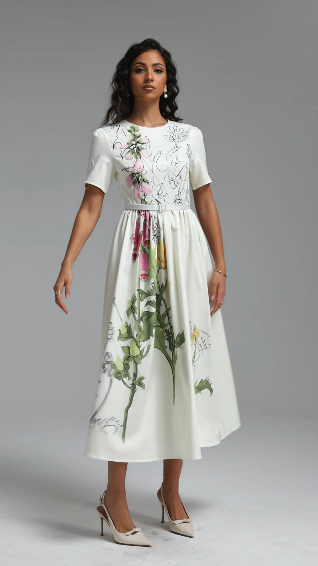Nani Elegant Tailored Round Neck Short Sleeve Floral Print Woven Maxi Dress