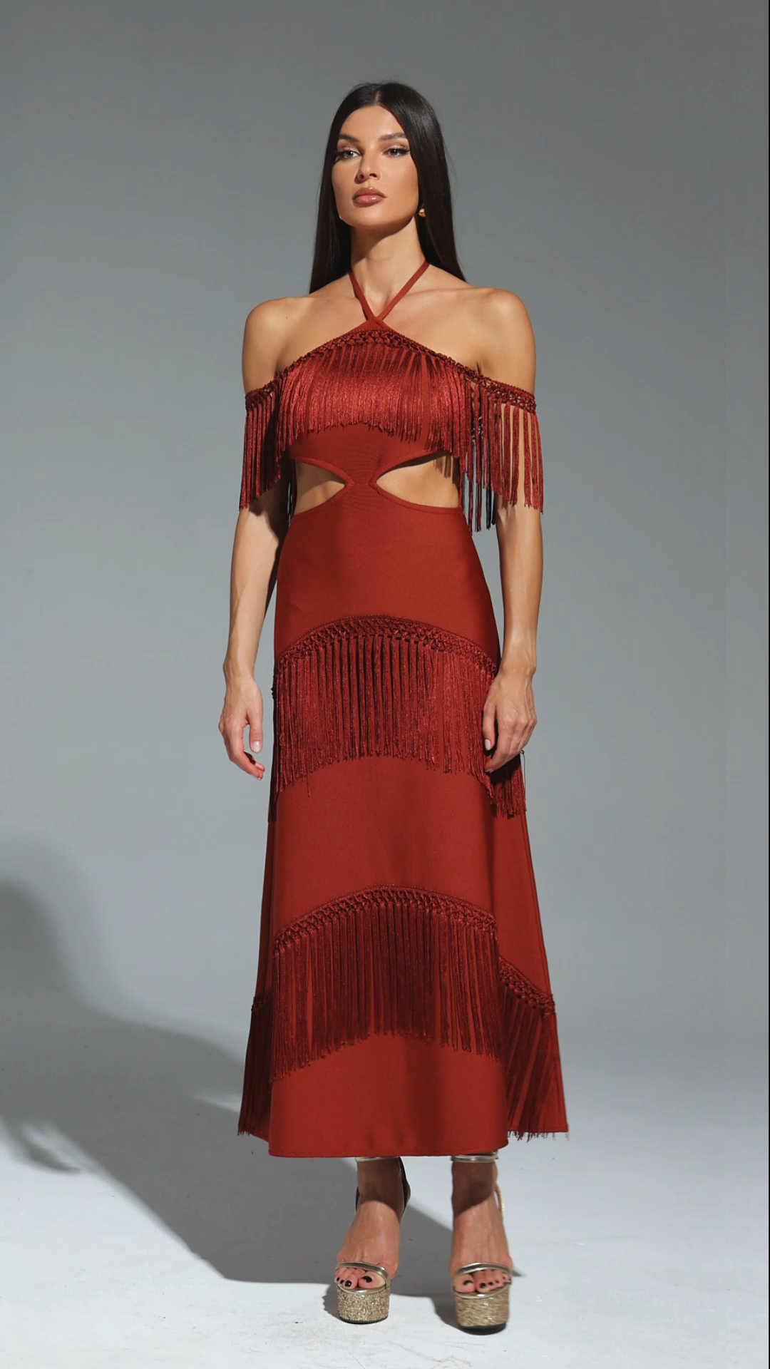 Kash Sleeveless Halter Tassels Bandage Maxi Dress