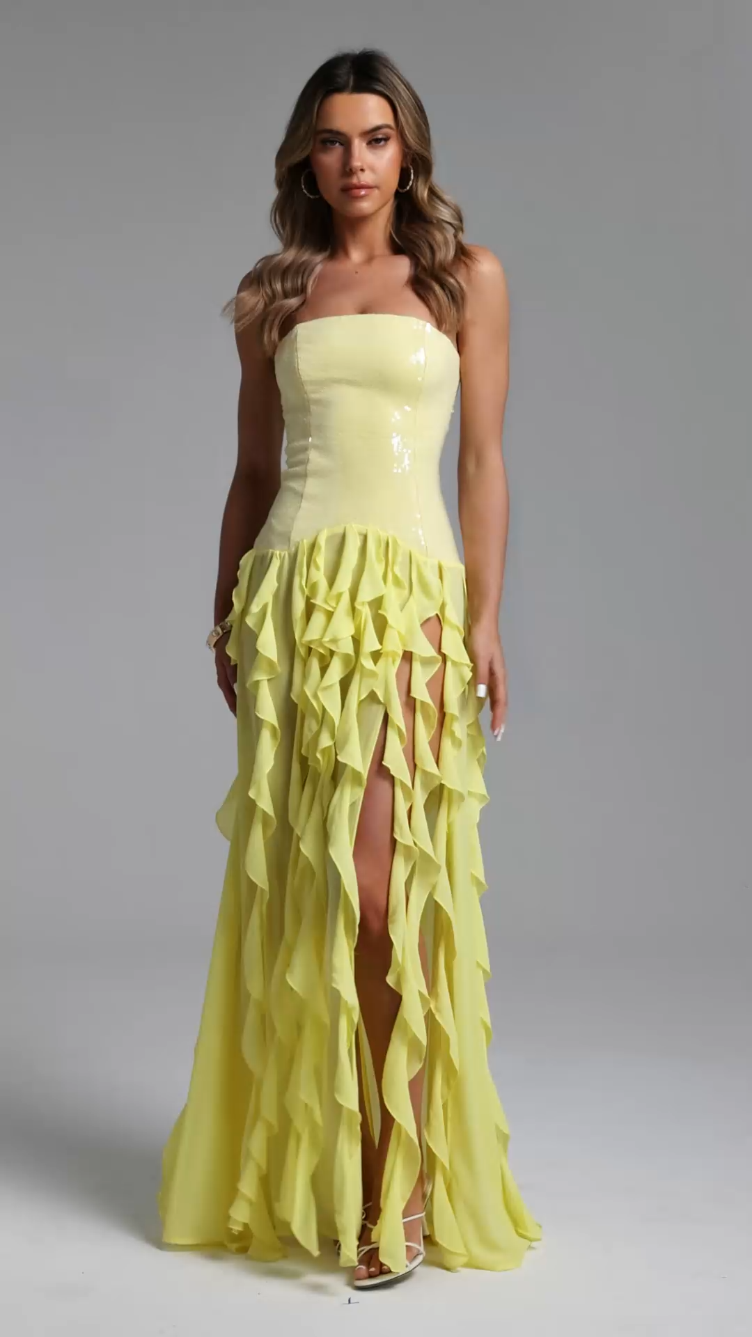 Heisel Chic Contour Strapless Ruffle Trim Sequin Maxi Dress