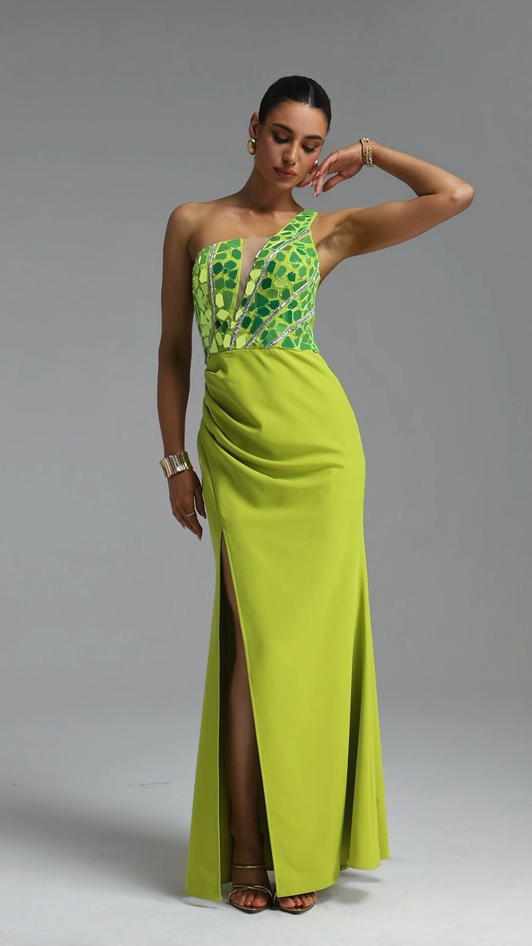 Kyli Fashion Slim One Shoulder Mirror Pleated Maxi Dress