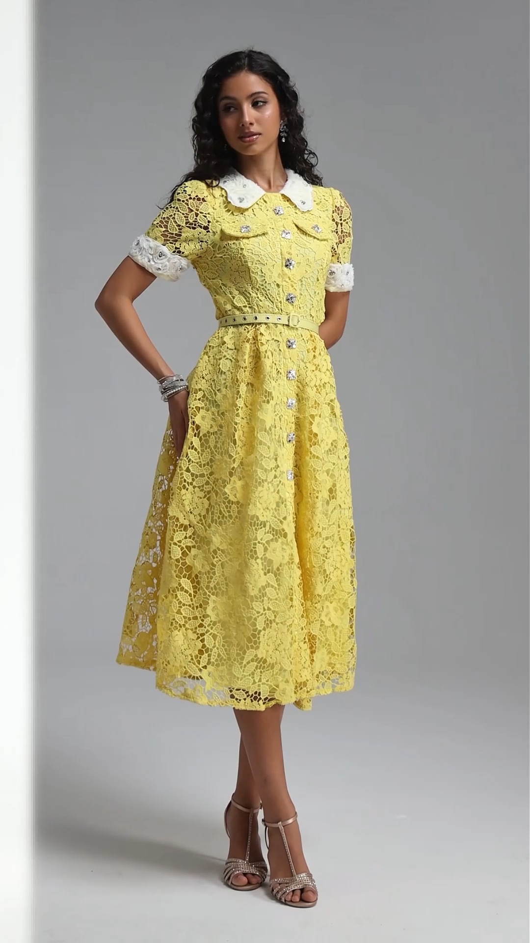 Sagona Classic Tailored Short Sleeve Rhinestone Floral Lace Yellow Maxi Dress