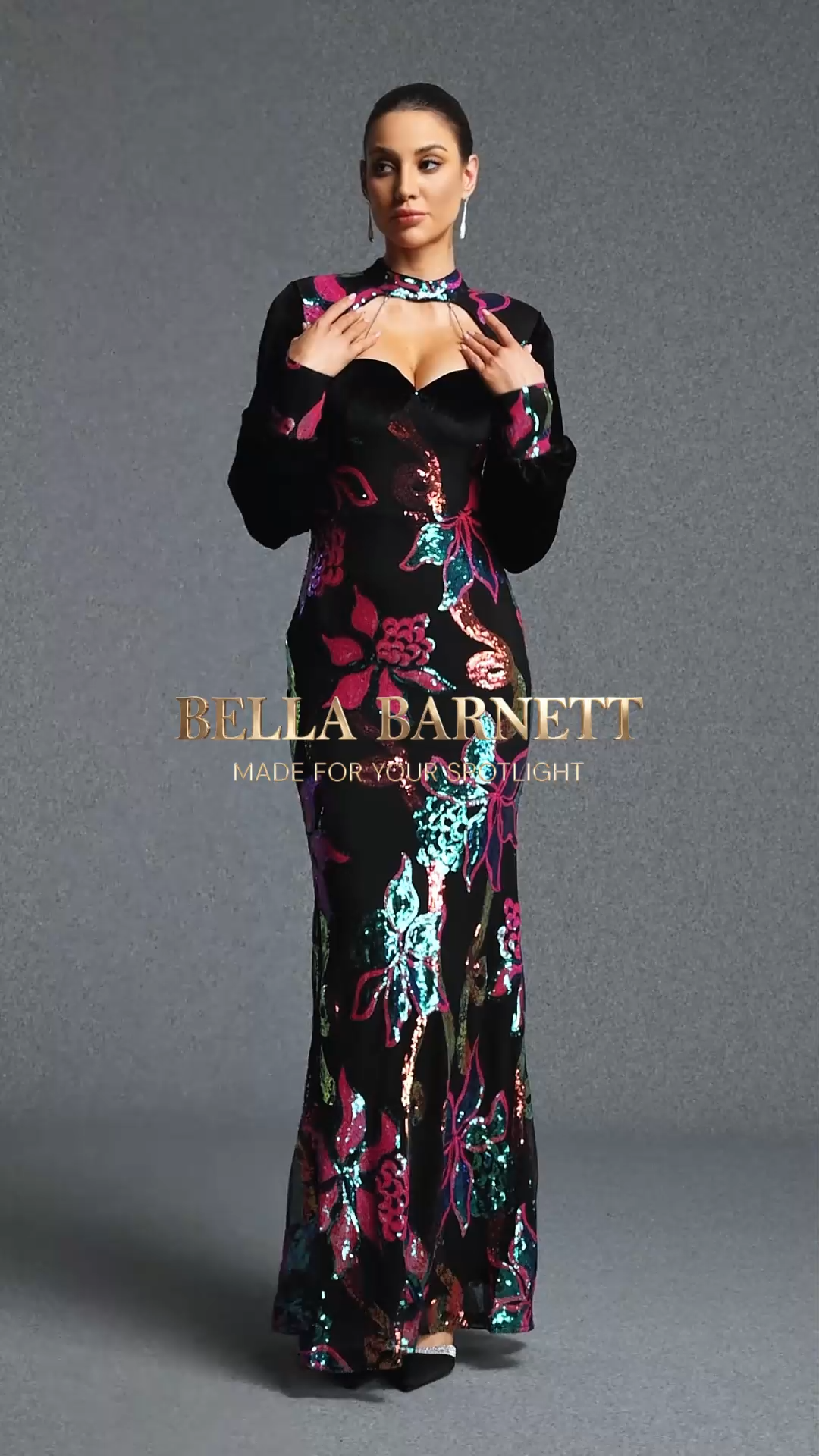 Sareka Elegant Contour Cut Out Neck Long Sleeve Floral Sequin Maxi Dress