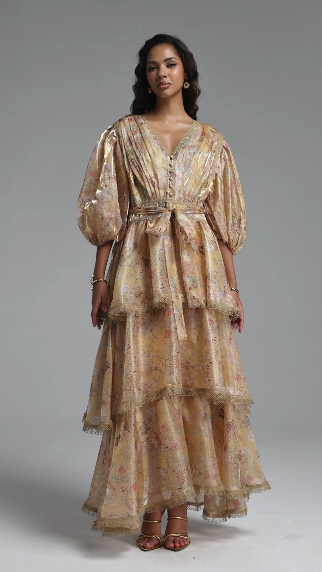 Taliyah Resort Flowy Puff Sleeve Floral Print Lace Trimmed Woven Maxi Dress