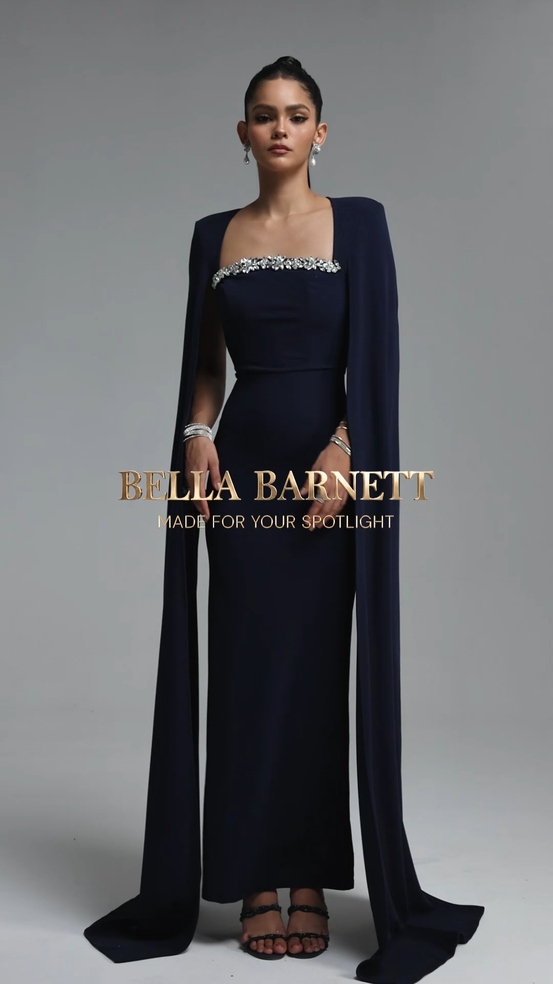 Iunne Elegant Tailored Cape Sleeve Rhinestone Woven Blue Maxi Dress