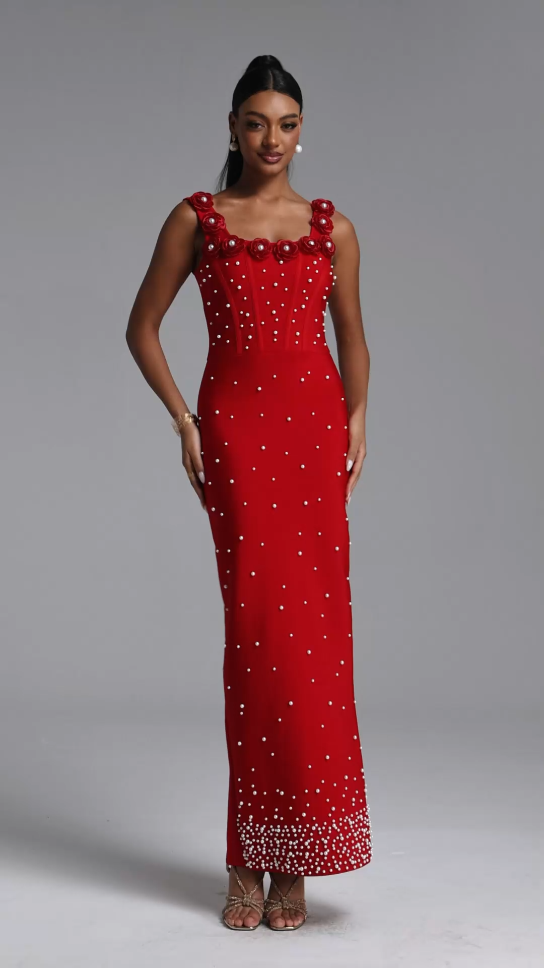 Shea Elegant Contour Square Neck Floral Pearl Bandage Red Maxi Dress