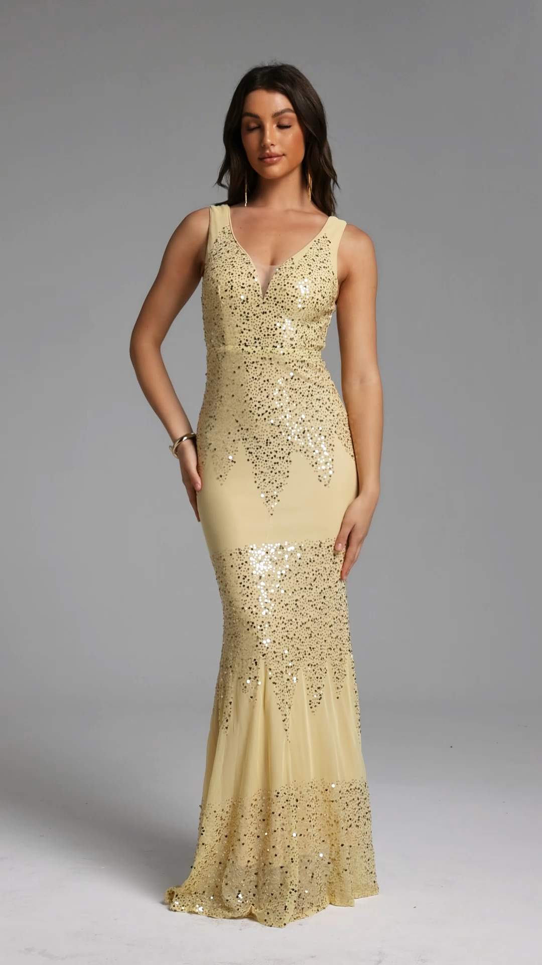 Montigo Chic Contour Deep V Sequin Maxi Dress