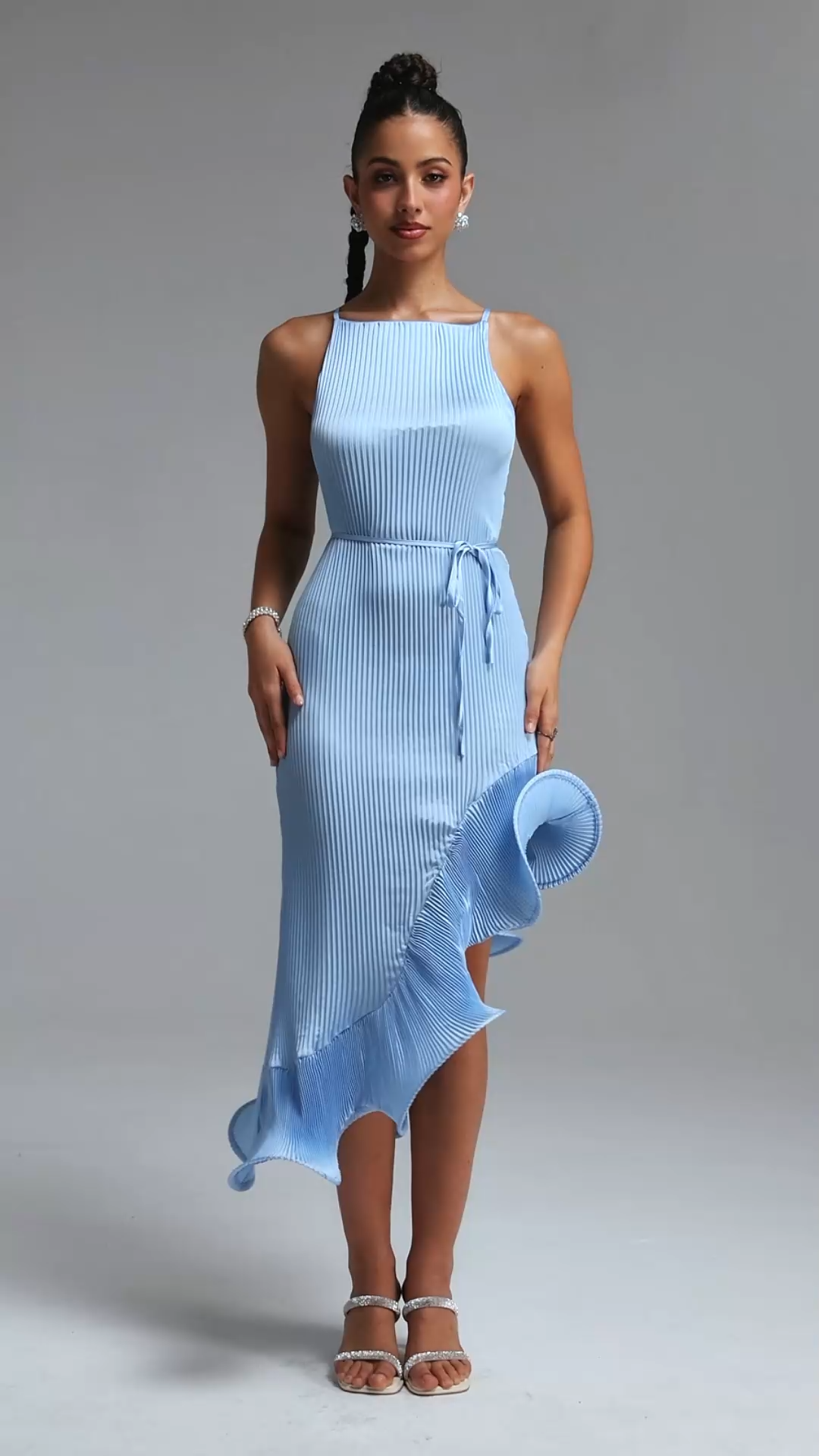 Rerily Resort Flowy Sleeveless Asymmetric Ruffle Pleated Woven Blue Midi Dress