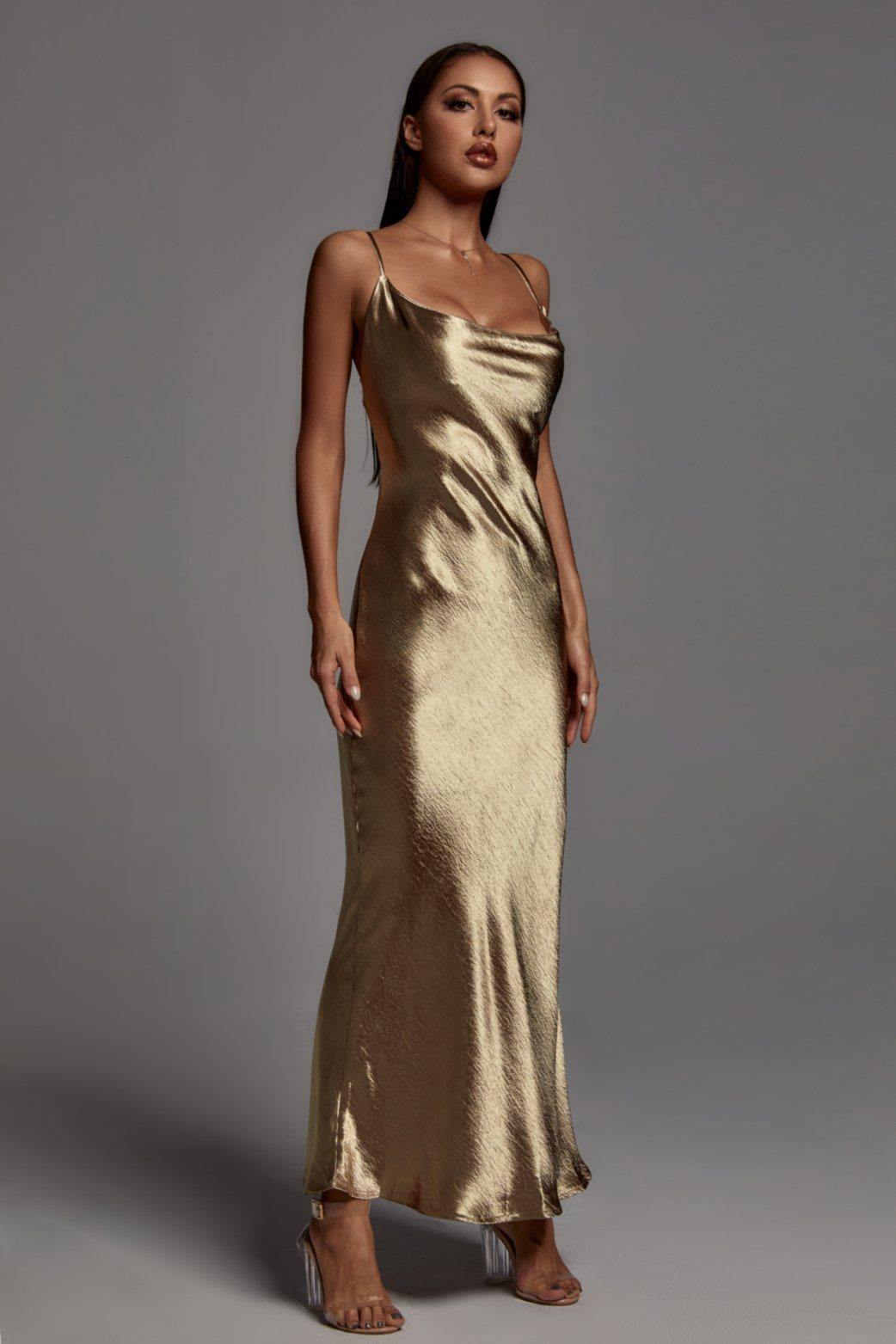 Gold metallic dress long sale