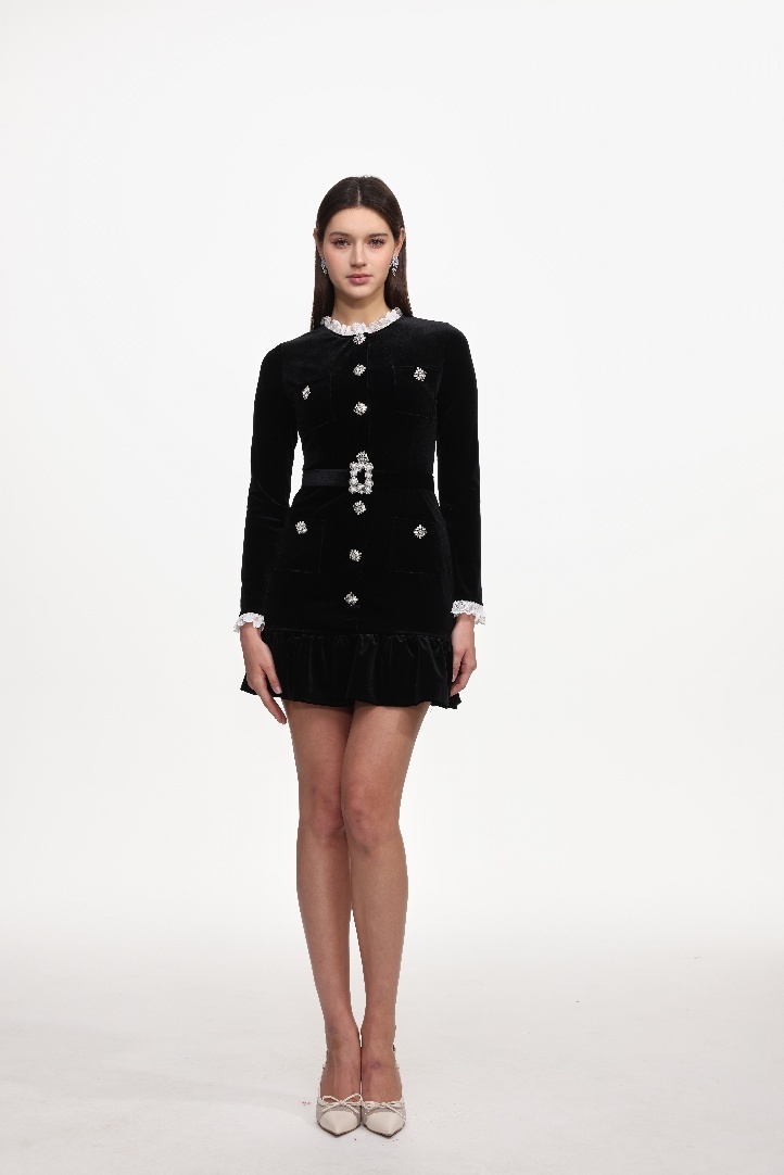 Miopa Classic Tailored Long Sleeve Rhinestone Ruffle Velvet Mini Dress