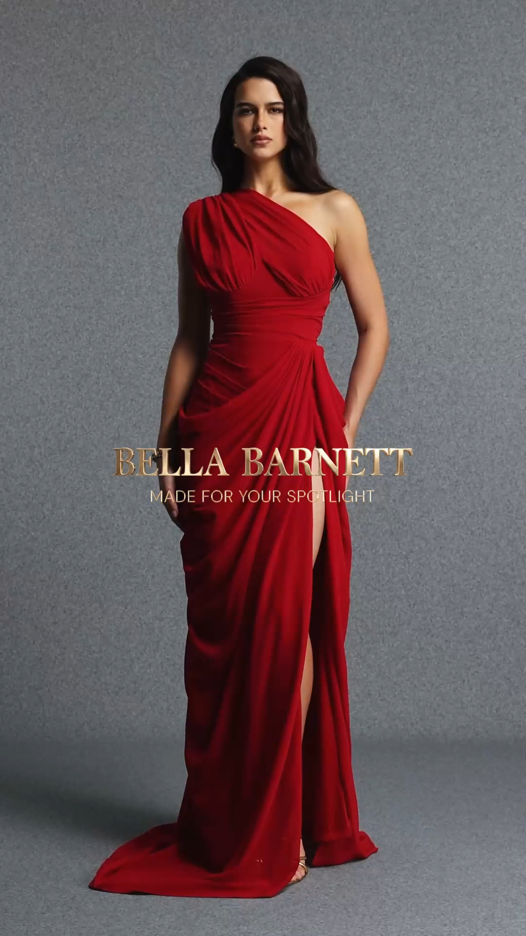 Sami Elegant Waist Cinched One Shoulder Ruched Slit Train Chiffon Red Maxi Dress