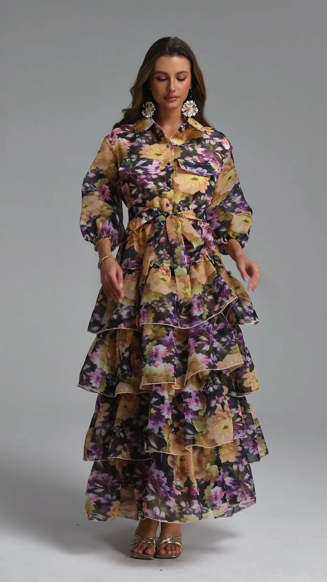 Rosalind Resort Flowy Puff Sleeve Ruffle Floral Print Organza Maxi Dress