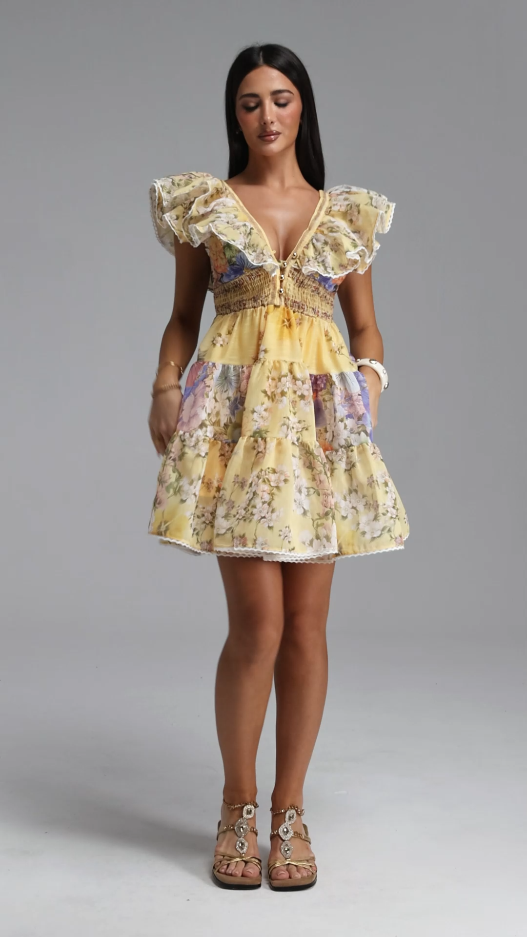 Ueza Resort Flowy Sleeveless Ruffle Floral Print Woven Mini Dress
