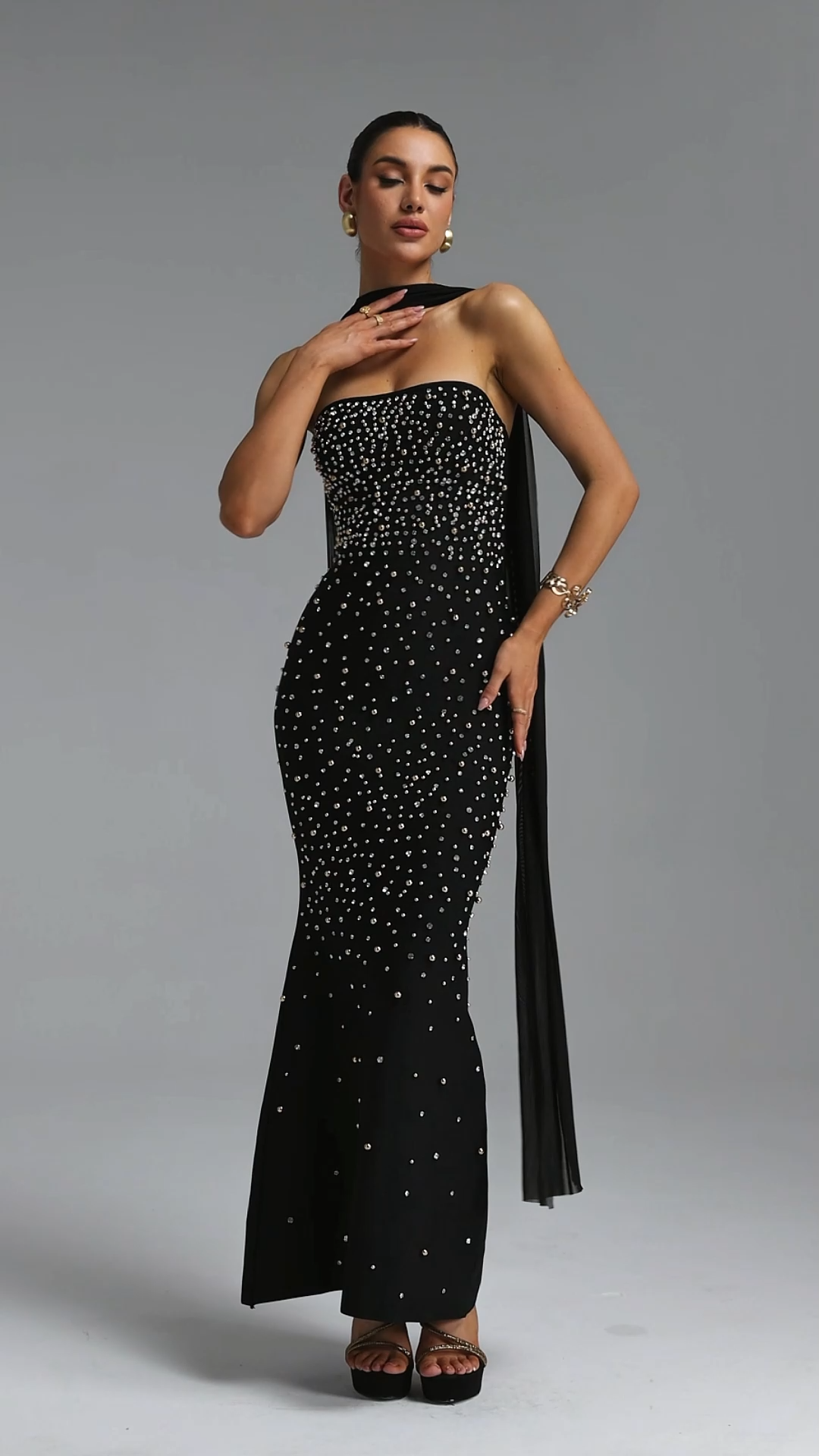 Monica Light Luxury Slim Strapless Ribbon Gold Silver Pearl Bandage Midi Evening Dress