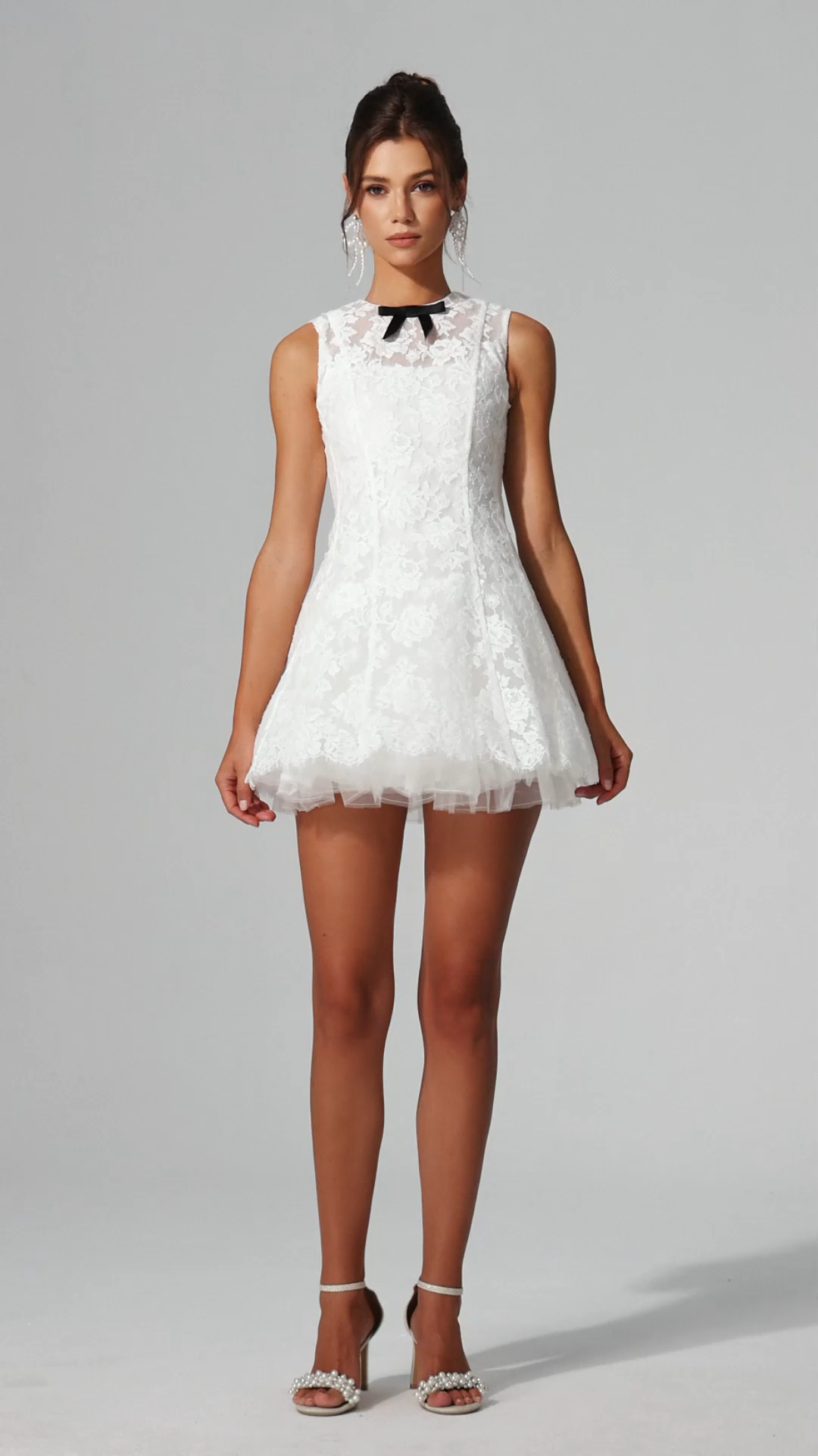 Sergio Round Neck Sleeveless Flowers Lace Bowknot Mini Dress