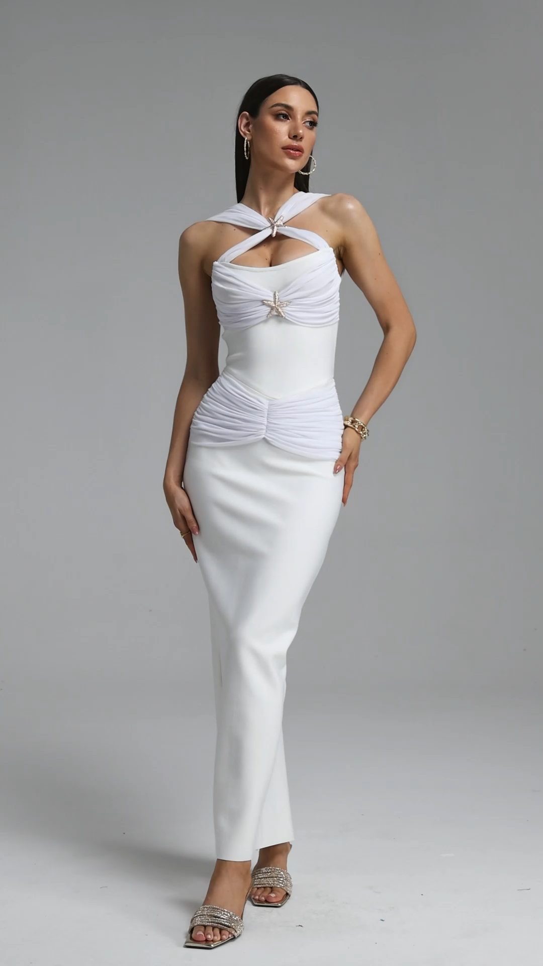 Egbert Chic Contour Halter Star Ruched Mesh Bandage White Maxi Dress