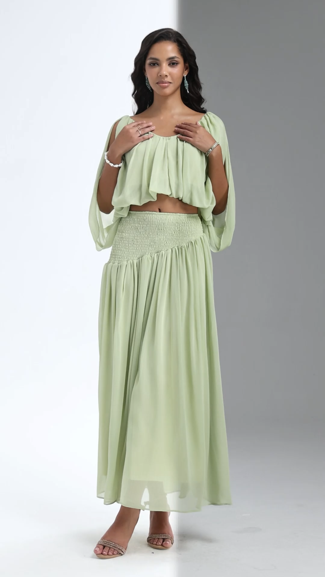 Fayie Resort Flowy Short Sleeve Chiffon Top and Skirt Two Piece Set