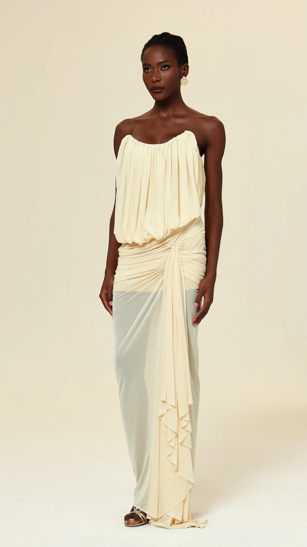 Tusare Sleeveless Folds Asymmetric Maxi Dress
