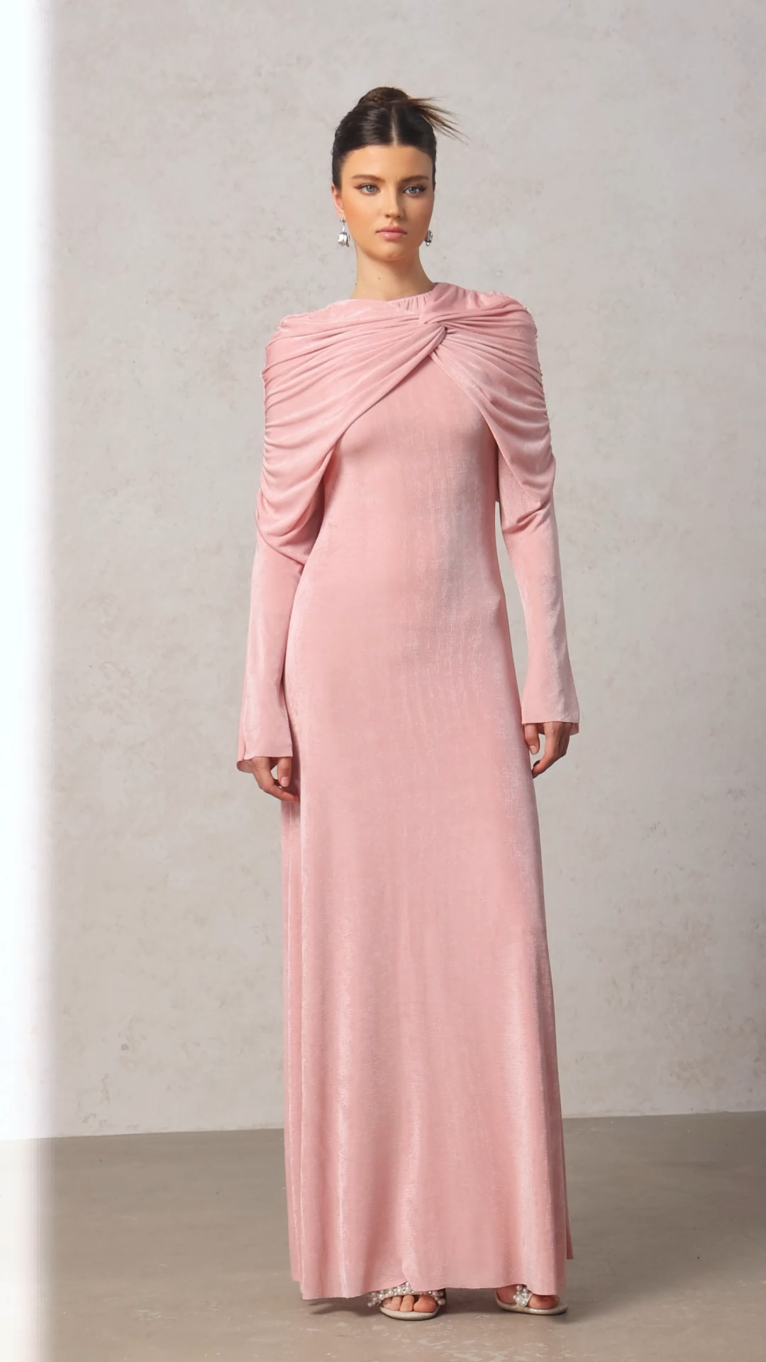 Kolari Round Neck Long Sleeves Asymmetric Folds Pink Maxi Dress